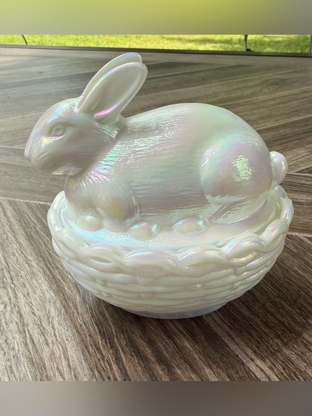 Mosser White Iridescent Glass Bunny on a Basket Lidded Trinket Box